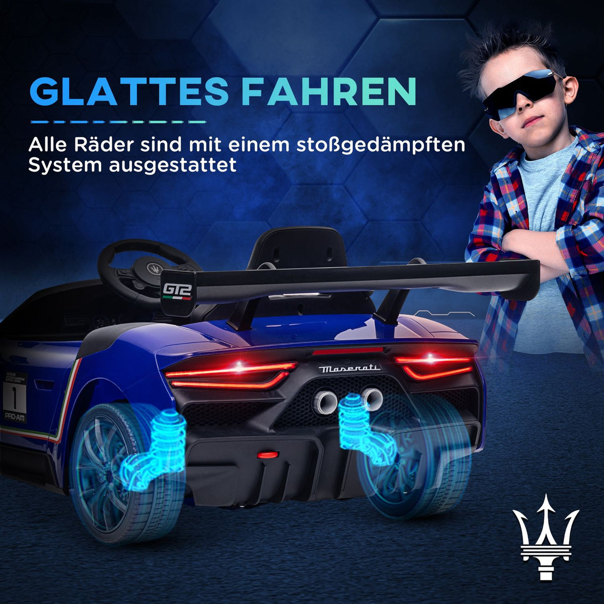 Children's electric car 12 V children's car with 2.4G remote control, music, horn, suspension, electric vehicle with lights, training wheels, soft start, 3-5 km/h, for children 3-5 years, blue