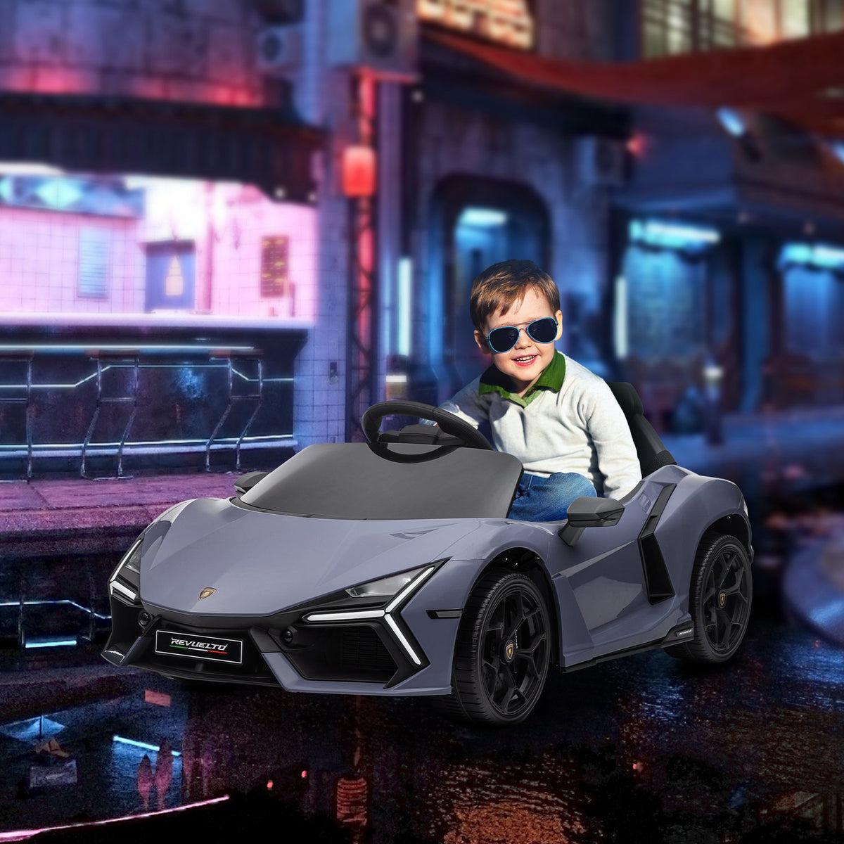 Children's electric car 12 V children's car with 2.4G remote control, music, shock absorber, electric vehicle with lights, USB/MP3 port, reverse function, 3-5 km/h, for children 3-5 years, gray