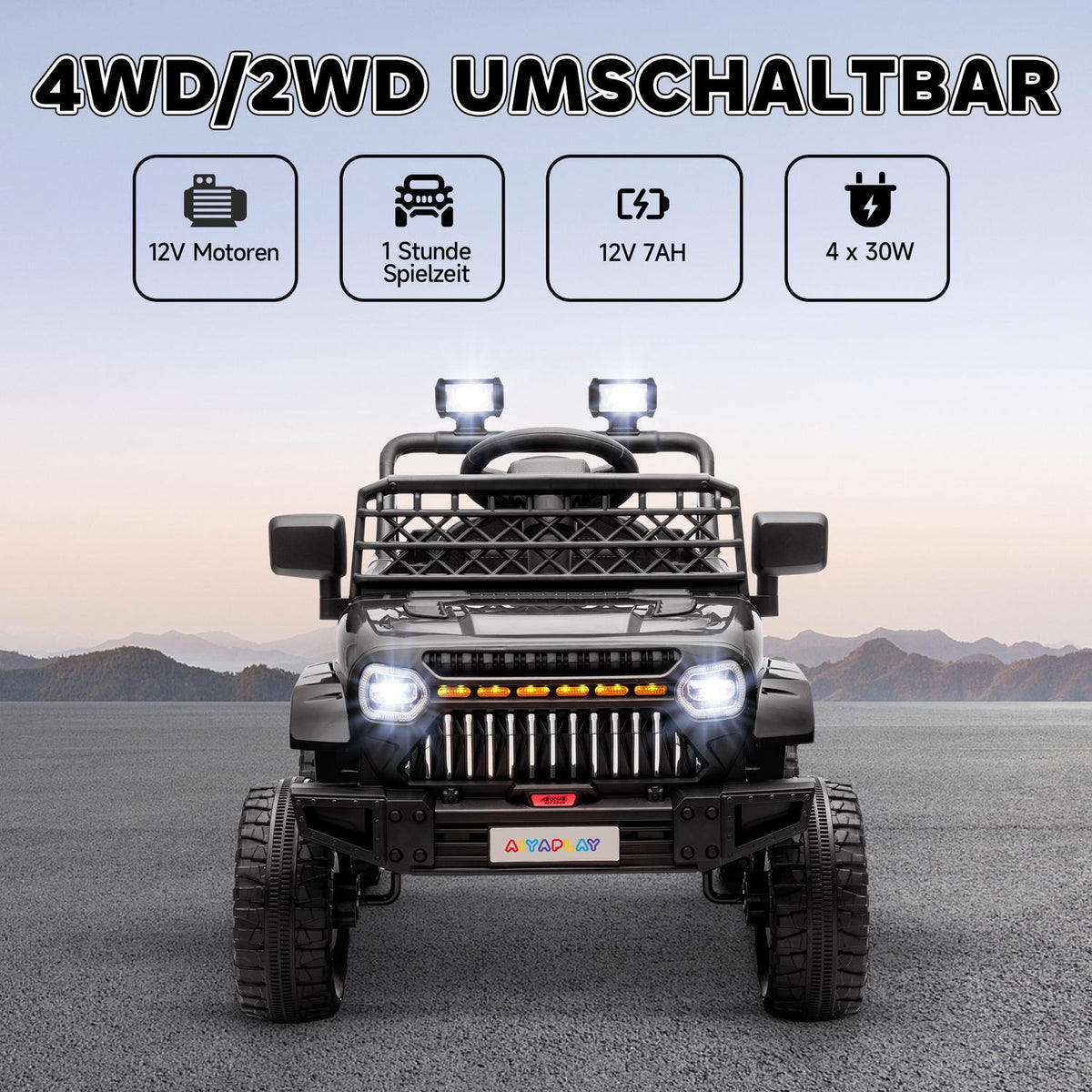 Children's electric car, 12 V off-road vehicle with 2.4G remote control, trailer, children's vehicle with LED light, soft start, music and horn, 2.5-4 km/h, for 3-8 years children, black