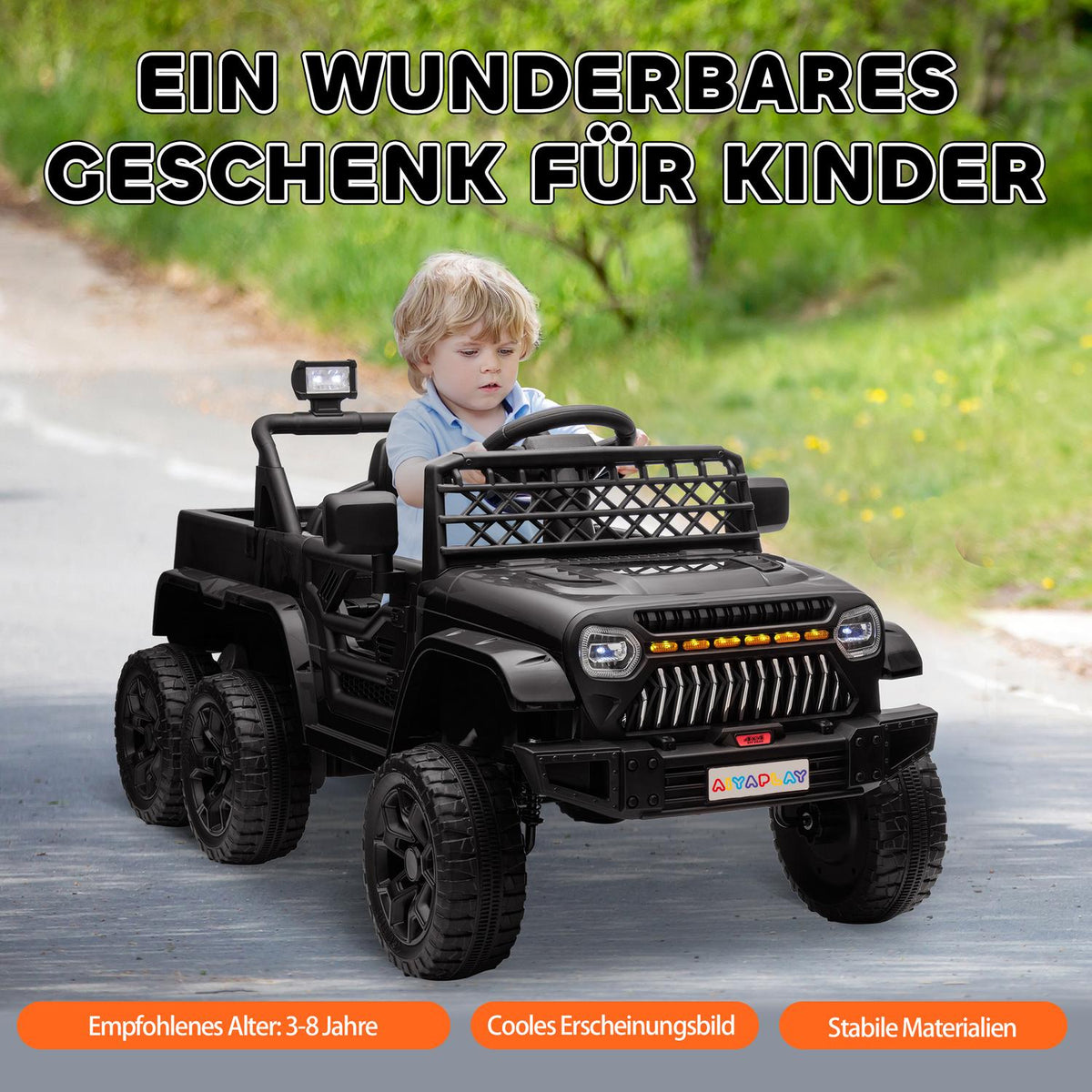 Children's electric car, 12 V off-road vehicle with 2.4G remote control, trailer, children's vehicle with LED light, soft start, music and horn, 2.5-4 km/h, for 3-8 years children, black