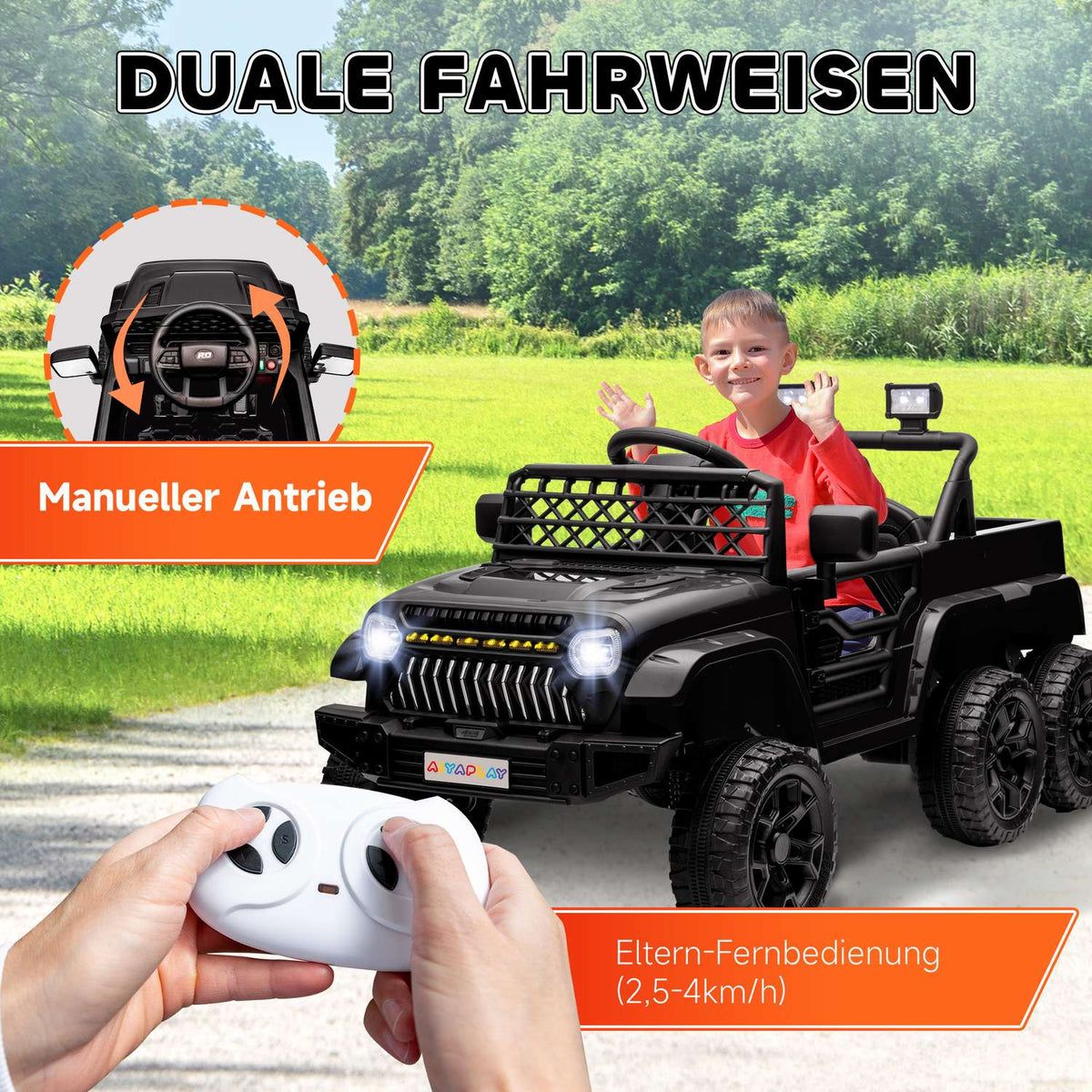 Children's electric car, 12 V off-road vehicle with 2.4G remote control, trailer, children's vehicle with LED light, soft start, music and horn, 2.5-4 km/h, for 3-8 years children, black