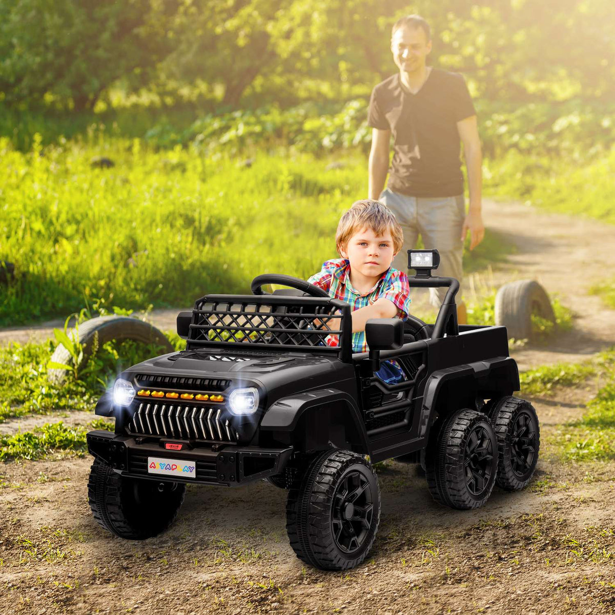 Children's electric car, 12 V off-road vehicle with 2.4G remote control, trailer, children's vehicle with LED light, soft start, music and horn, 2.5-4 km/h, for 3-8 years children, black