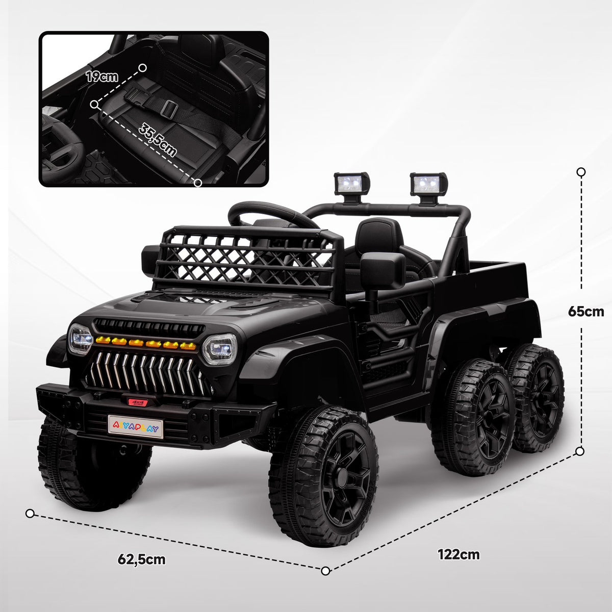 Children's electric car, 12 V off-road vehicle with 2.4G remote control, trailer, children's vehicle with LED light, soft start, music and horn, 2.5-4 km/h, for 3-8 years children, black