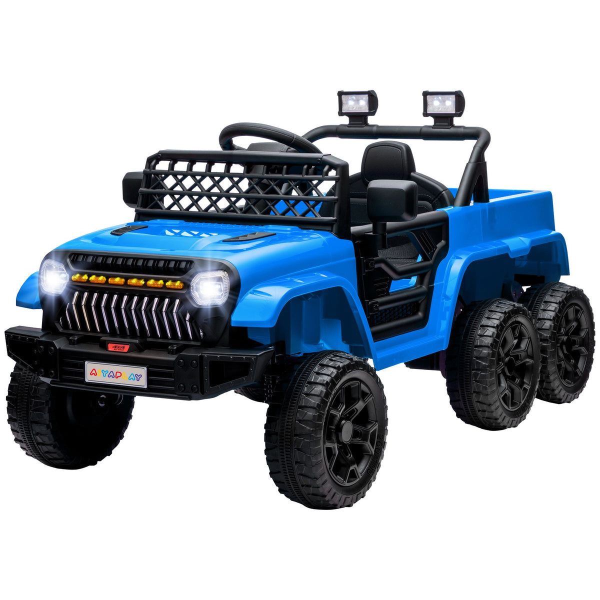 Children's electric car, 12 V off-road vehicle with 2.4G remote control, trailer, children's vehicle with LED light, soft start, music and horn, 2.5-4 km/h, for 3-8 years children, light blue