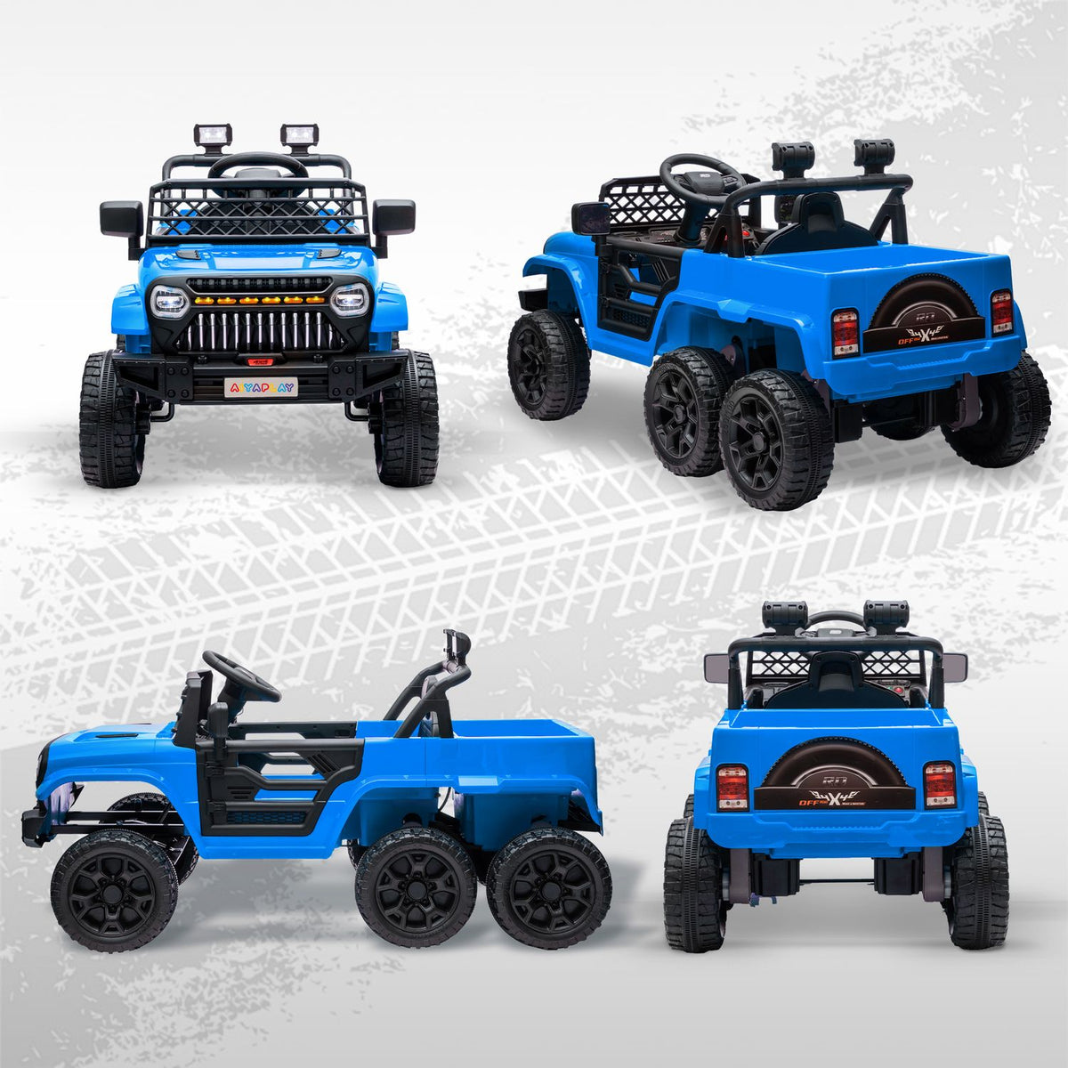 Children's electric car, 12 V off-road vehicle with 2.4G remote control, trailer, children's vehicle with LED light, soft start, music and horn, 2.5-4 km/h, for 3-8 years children, light blue