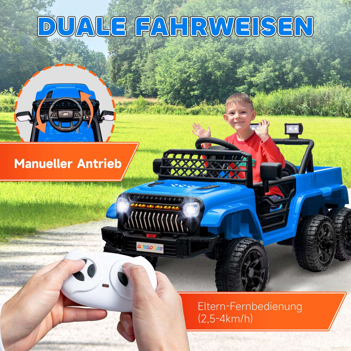 Children's electric car, 12 V off-road vehicle with 2.4G remote control, trailer, children's vehicle with LED light, soft start, music and horn, 2.5-4 km/h, for 3-8 years children, light blue