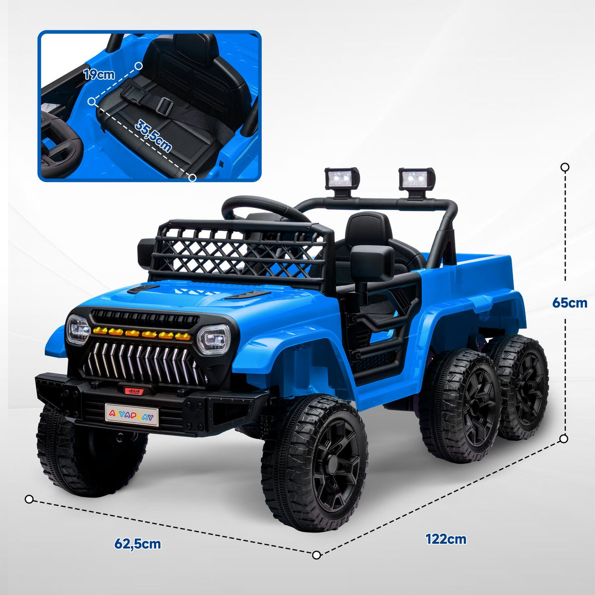 Children's electric car, 12 V off-road vehicle with 2.4G remote control, trailer, children's vehicle with LED light, soft start, music and horn, 2.5-4 km/h, for 3-8 years children, light blue