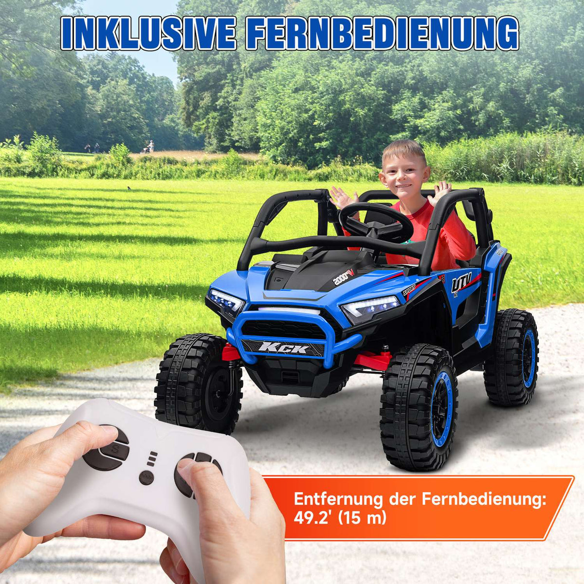 Children's electric car, 24 V 5-7 km/h off-road vehicle with music connection, children's vehicle with 2.4G remote control, headlight, horn, electric children's vehicle for children 3-8 years, blue