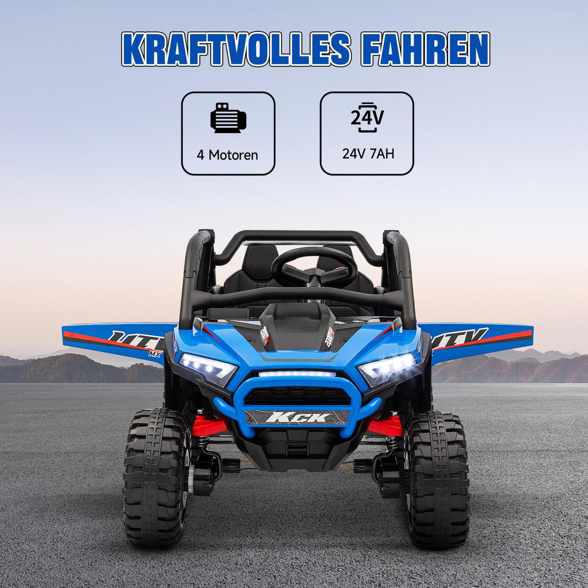 Children's electric car, 24 V 5-7 km/h off-road vehicle with music connection, children's vehicle with 2.4G remote control, headlight, horn, electric children's vehicle for children 3-8 years, blue