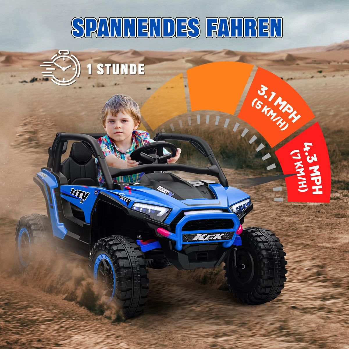 Children's electric car, 24 V 5-7 km/h off-road vehicle with music connection, children's vehicle with 2.4G remote control, headlight, horn, electric children's vehicle for children 3-8 years, blue