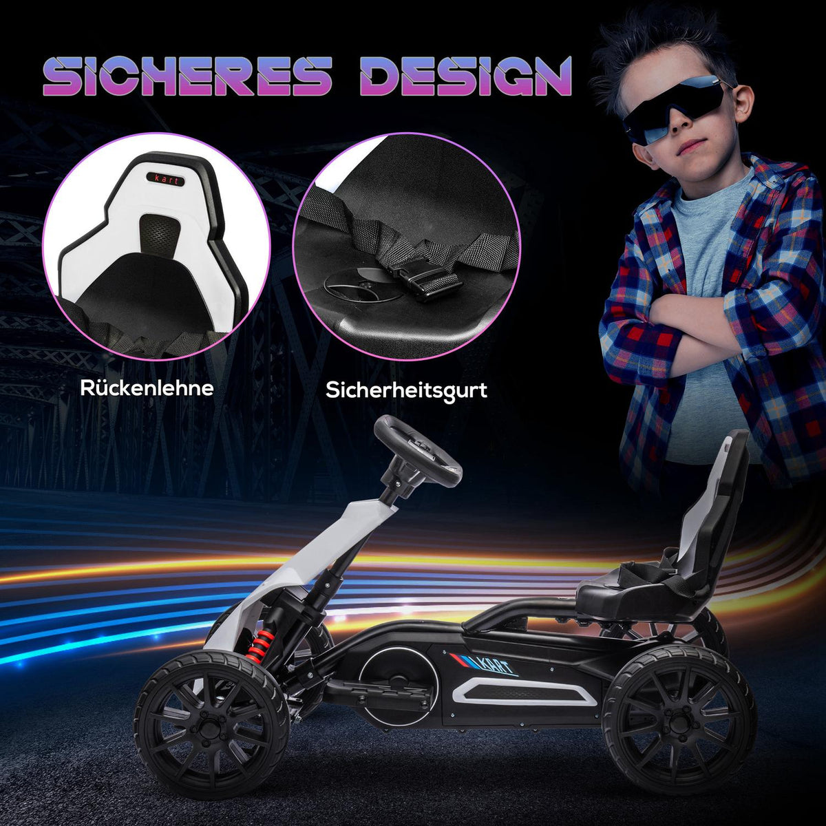 Children's electric go-kart 12 V 3-5 km/h drift kart with 2-way adjustable mode, safety belt, steering wheel, go-kart children's vehicle for 3-8 year old children, white |