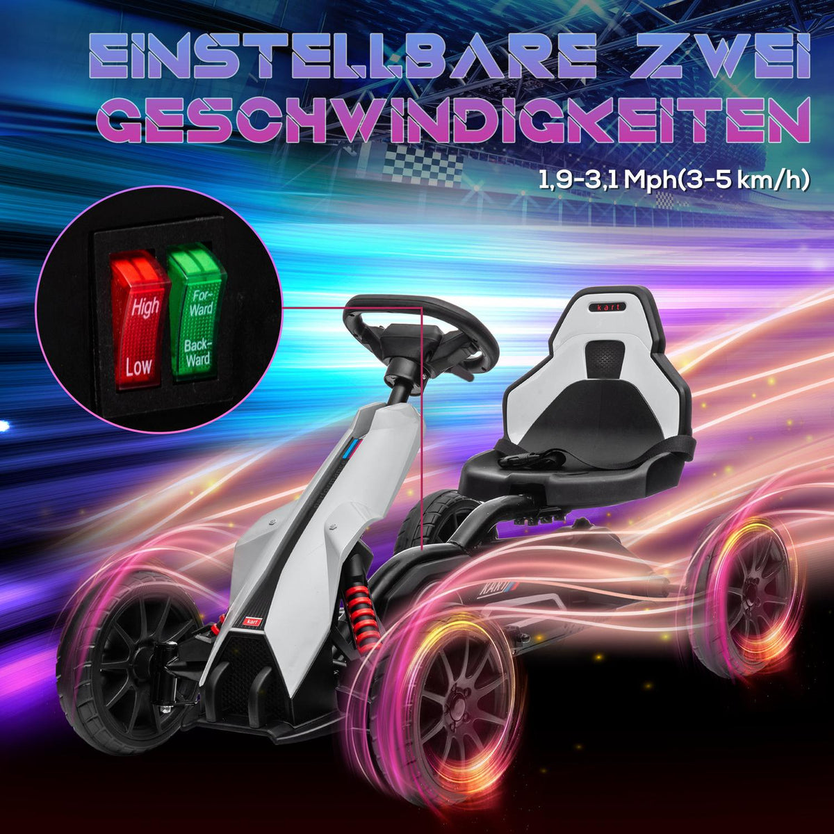 Children's electric go-kart 12 V 3-5 km/h drift kart with 2-way adjustable mode, safety belt, steering wheel, go-kart children's vehicle for 3-8 year old children, white |