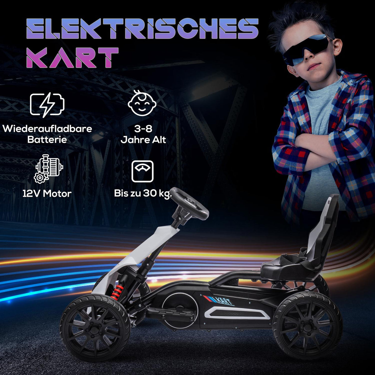 Children's electric go-kart 12 V 3-5 km/h drift kart with 2-way adjustable mode, safety belt, steering wheel, go-kart children's vehicle for 3-8 year old children, white |