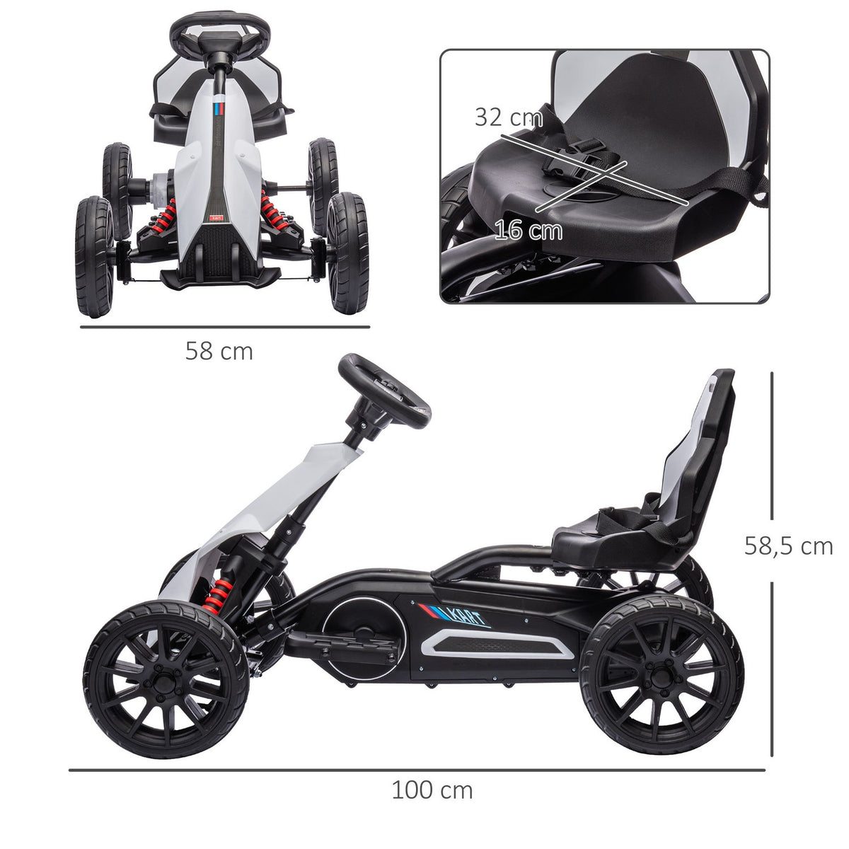 Children's electric go-kart 12 V 3-5 km/h drift kart with 2-way adjustable mode, safety belt, steering wheel, go-kart children's vehicle for 3-8 year old children, white |