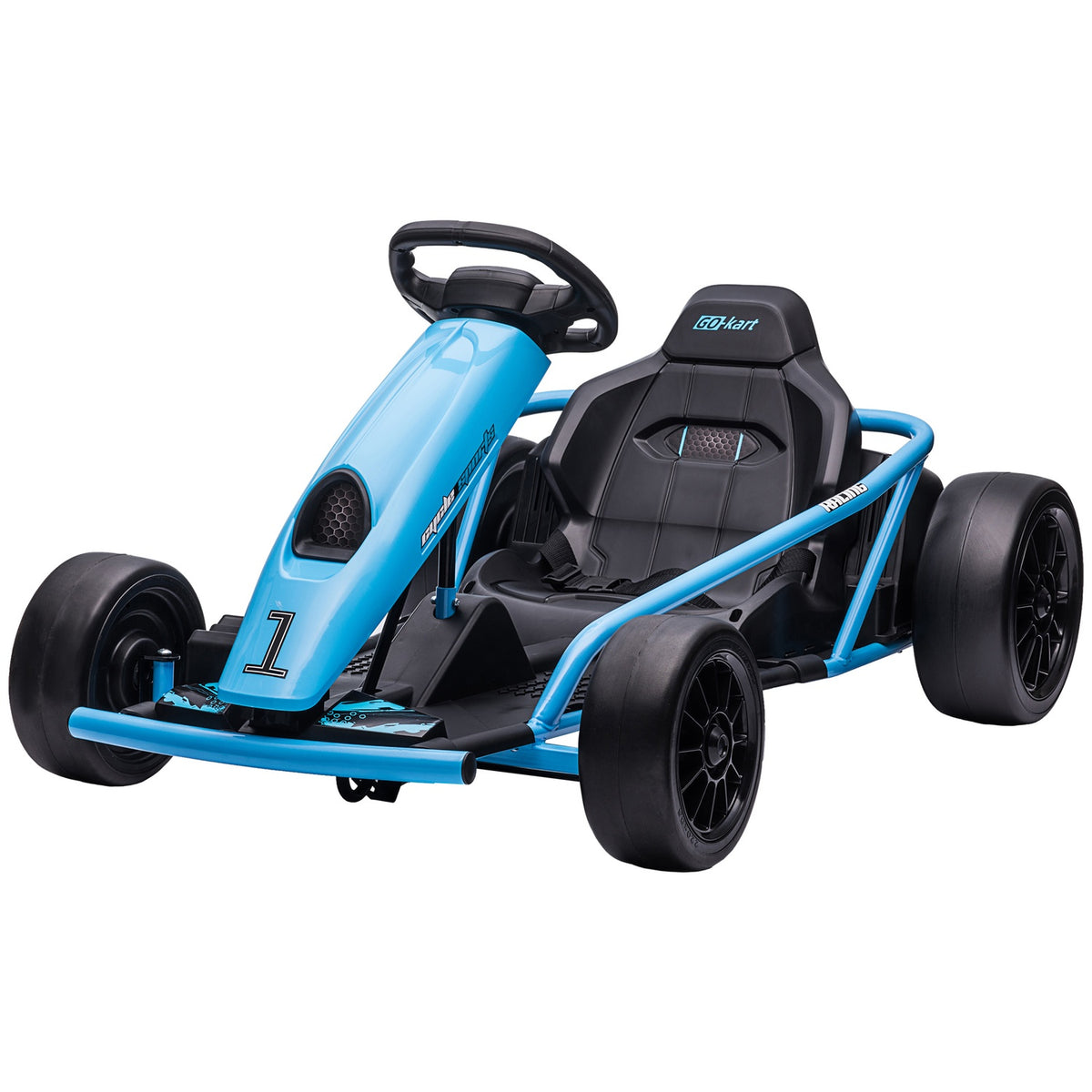 Children's electric go-kart 24 V drift kart with slow start, music, horn and seat belt, children's vehicle for 8-12 years children, blue