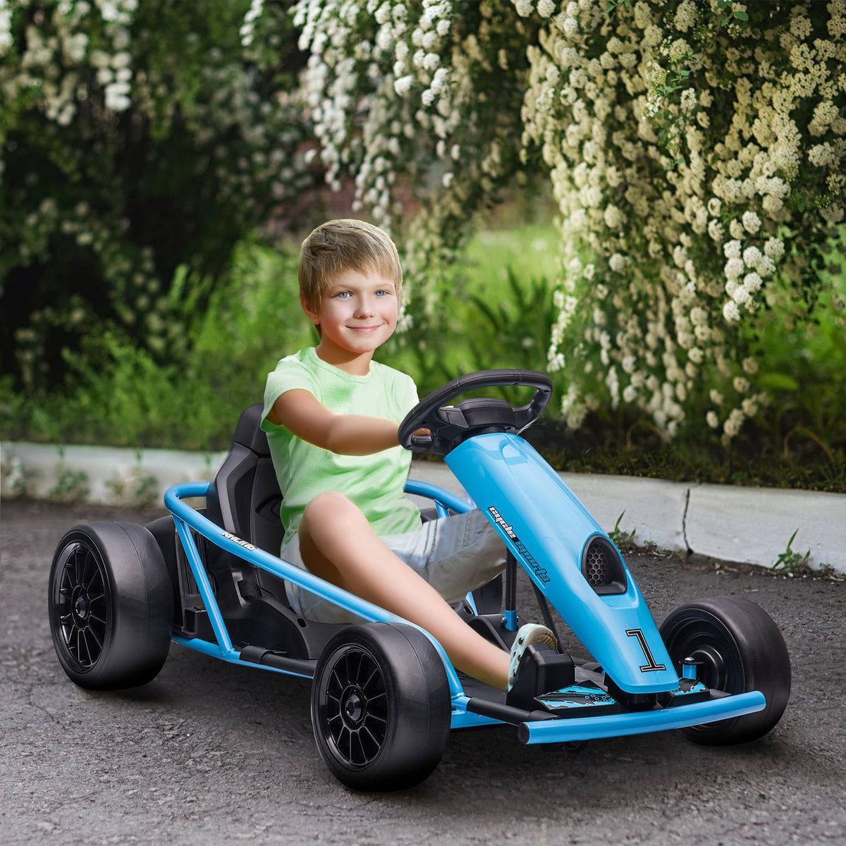 Children's electric go-kart 24 V drift kart with slow start, music, horn and seat belt, children's vehicle for 8-12 years children, blue