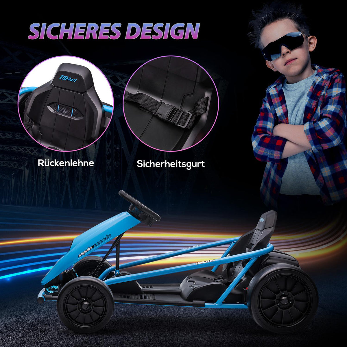 Children's electric go-kart 24 V drift kart with slow start, music, horn and seat belt, children's vehicle for 8-12 years children, blue