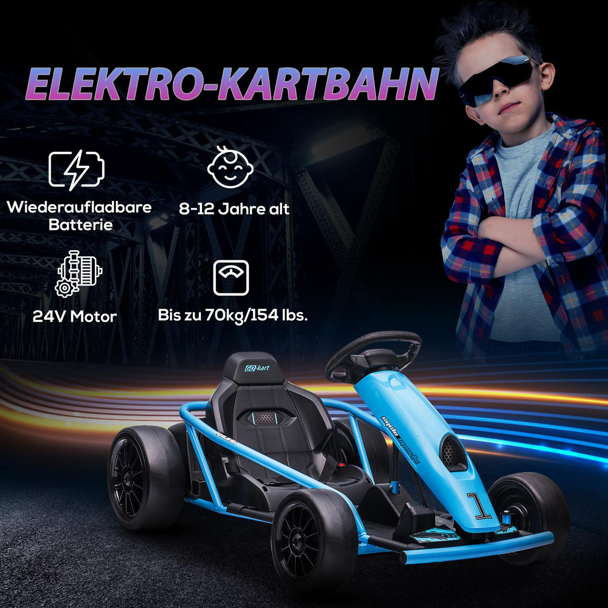 Children's electric go-kart 24 V drift kart with slow start, music, horn and seat belt, children's vehicle for 8-12 years children, blue
