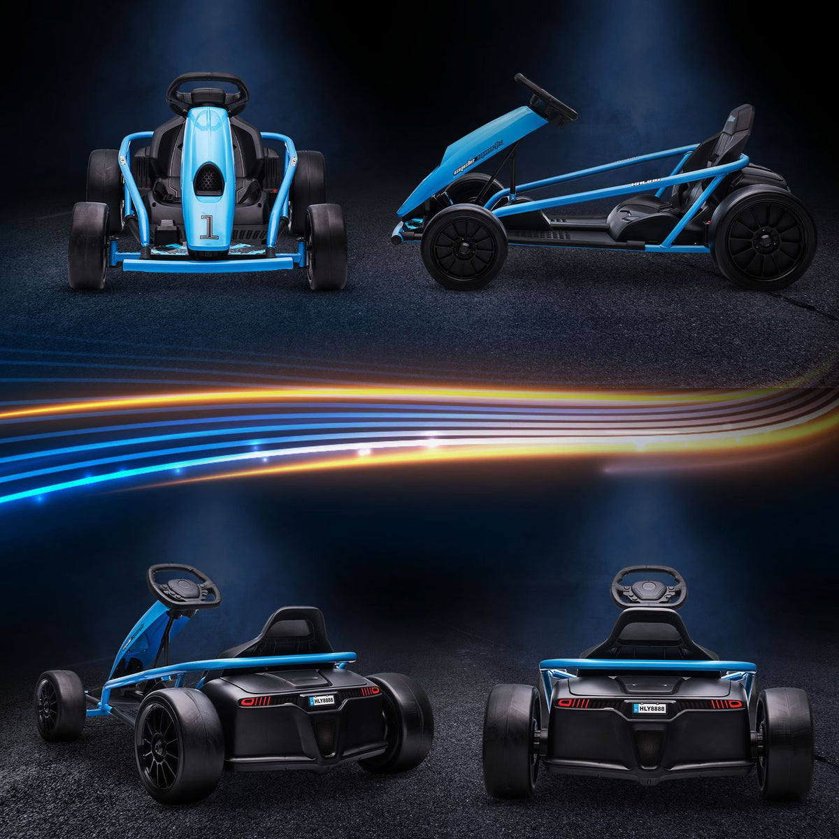 Children's electric go-kart 24 V drift kart with slow start, music, horn and seat belt, children's vehicle for 8-12 years children, blue