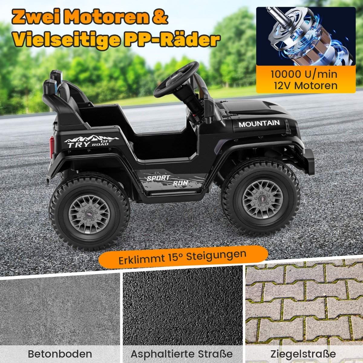 Children's electric jeep with double motor &amp; Slow start &amp; 4-spring suspension ride-on car black