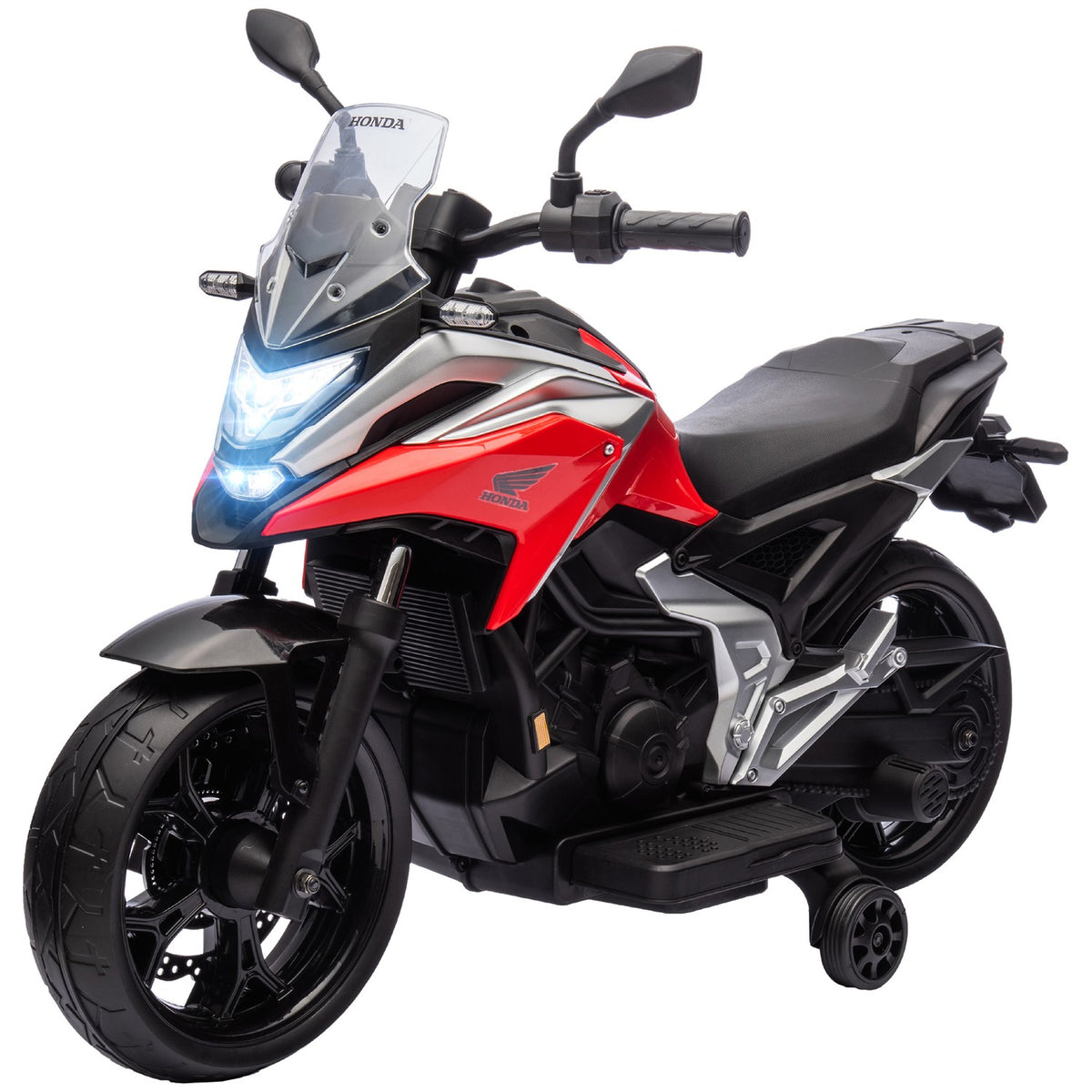 Children's electric motorcycle, 12V children's motorcycle with MP3, USB, LED headlight, children's vehicle with early educational functions, training wheels, 3km/h, for 3-6 years, red