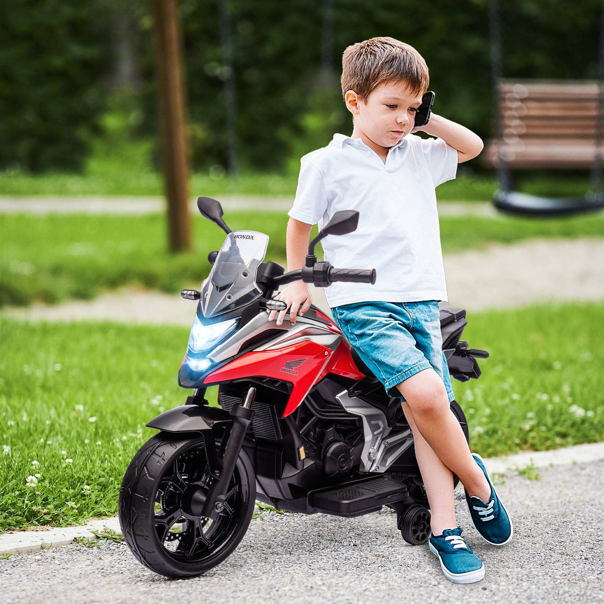 Children's electric motorcycle, 12V children's motorcycle with MP3, USB, LED headlight, children's vehicle with early educational functions, training wheels, 3km/h, for 3-6 years, red