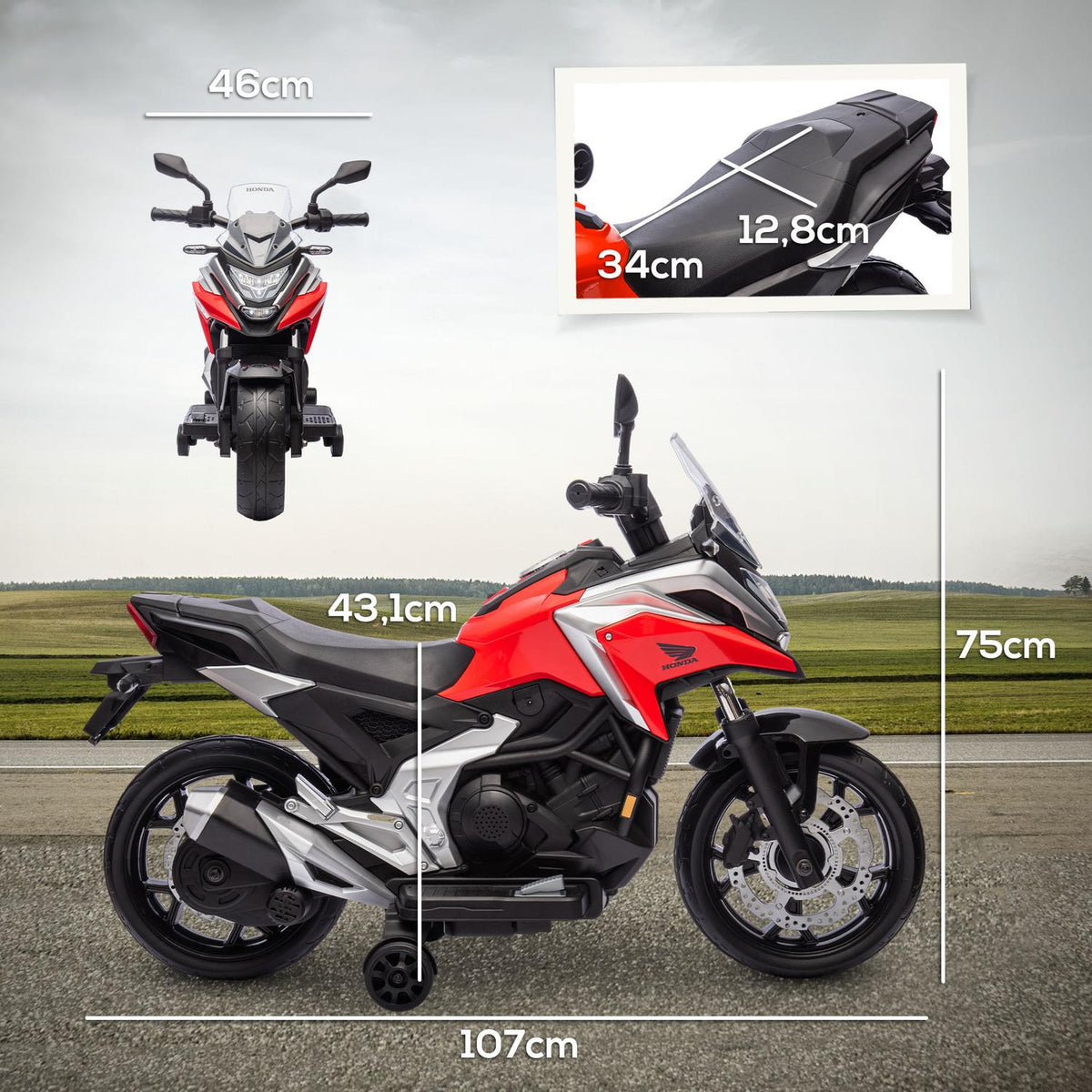 Children's electric motorcycle, 12V children's motorcycle with MP3, USB, LED headlight, children's vehicle with early educational functions, training wheels, 3km/h, for 3-6 years, red