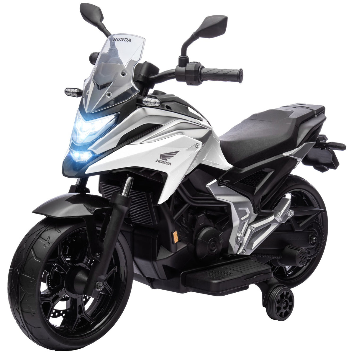 Children's electric motorcycle, 12V children's motorcycle with MP3, USB, LED headlight, children's vehicle with early educational functions, training wheels, 3km/h, for 3-6 years, white