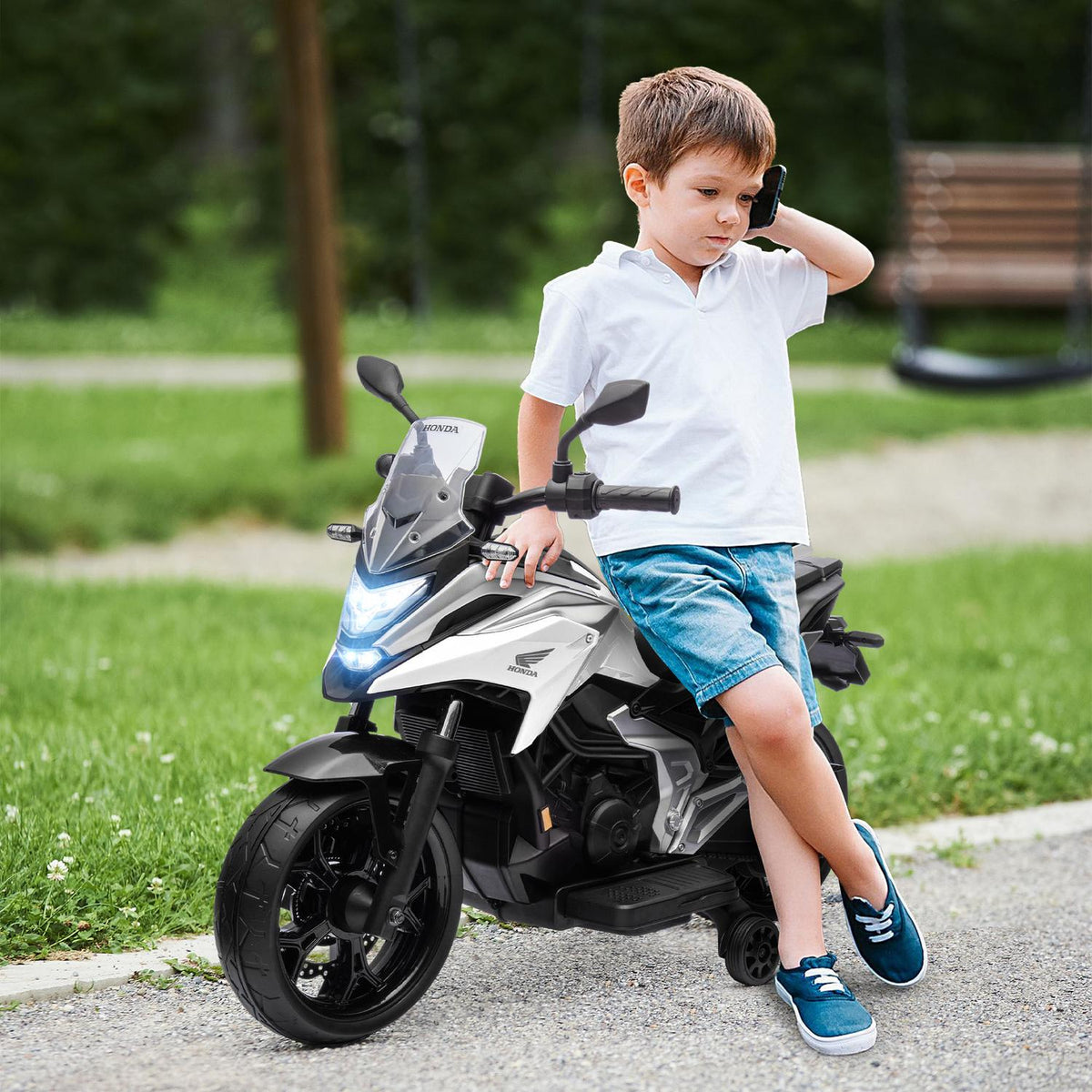 Children's electric motorcycle, 12V children's motorcycle with MP3, USB, LED headlight, children's vehicle with early educational functions, training wheels, 3km/h, for 3-6 years, white