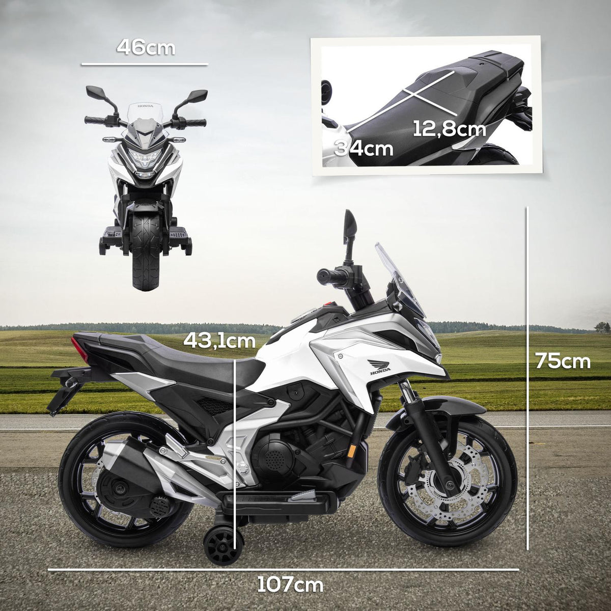 Children's electric motorcycle, 12V children's motorcycle with MP3, USB, LED headlight, children's vehicle with early educational functions, training wheels, 3km/h, for 3-6 years, white