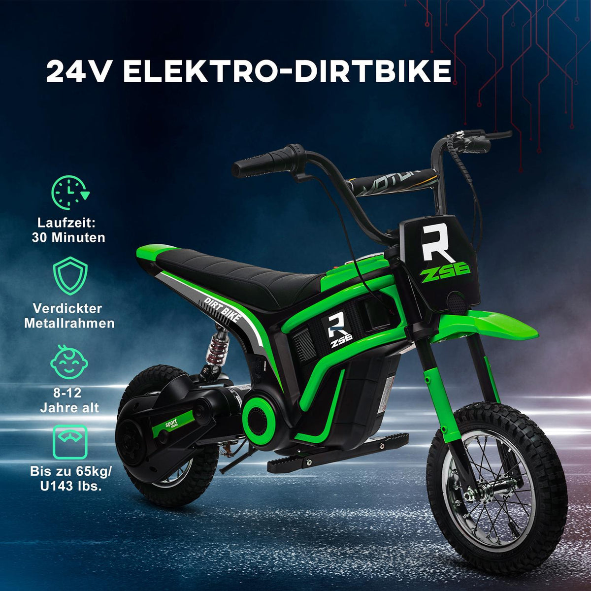 Children's electric motorcycle, 12V children's motorcycle with horn, light, children's vehicle with twist grip throttle, 8-16 km/h, for 8-12 years, green