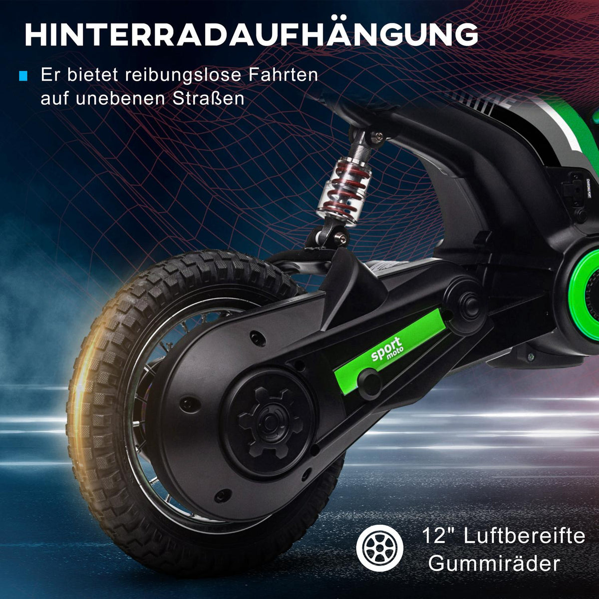 Children's electric motorcycle, 12V children's motorcycle with horn, light, children's vehicle with twist grip throttle, 8-16 km/h, for 8-12 years, green
