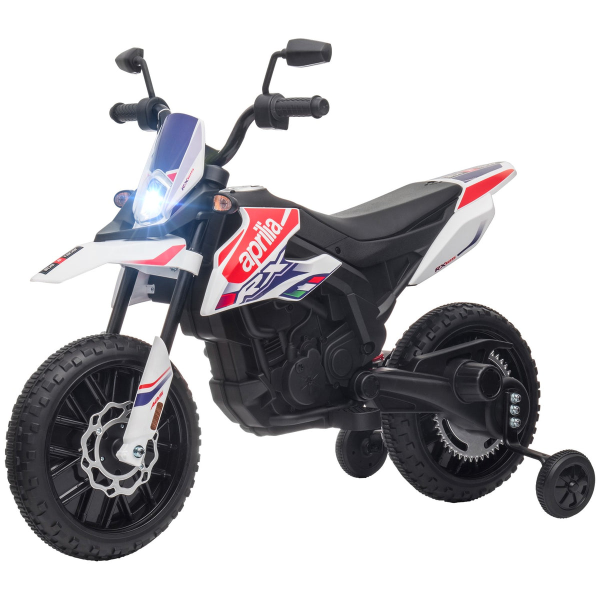 Children's electric motorcycle, 12V children's motorcycle with music, 6 km/h children's vehicle with removable training wheels, 12 inch plastic tires, for 3-8 years children, max. 30 kg, white