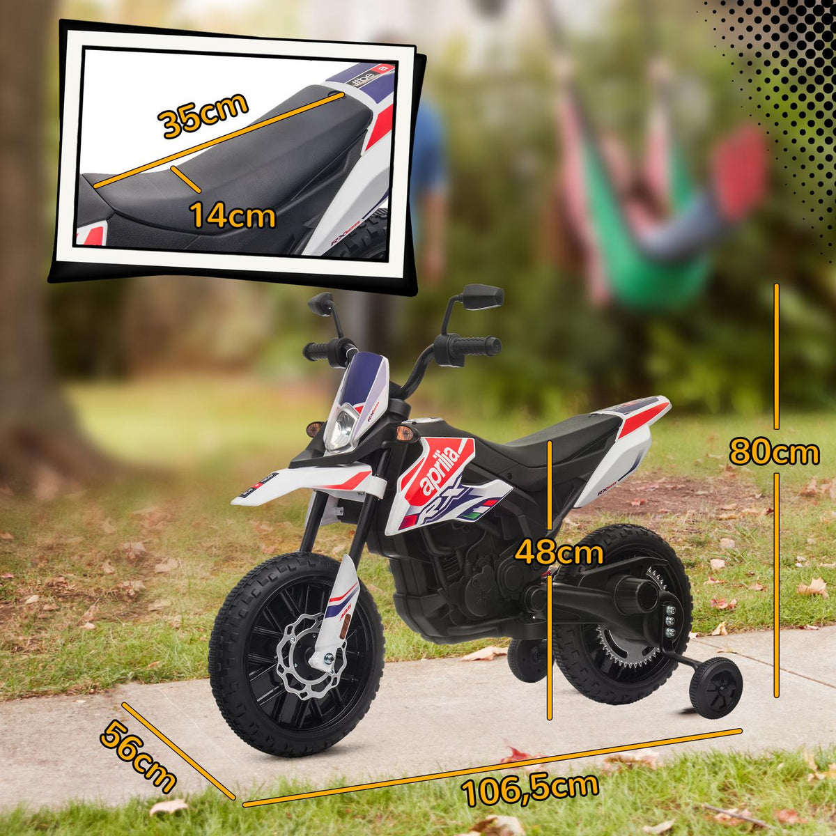 Children's electric motorcycle, 12V children's motorcycle with music, 6 km/h children's vehicle with removable training wheels, 12 inch plastic tires, for 3-8 years children, max. 30 kg, white