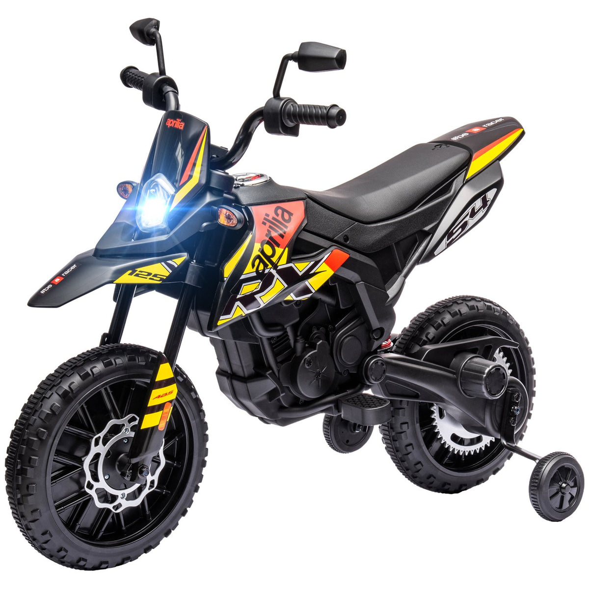 Children's electric motorcycle, 12V children's motorcycle with music, 6 km/h children's vehicle with removable training wheels, 12 inch plastic tires, for 3-8 years children, max. 30 kg, yellow
