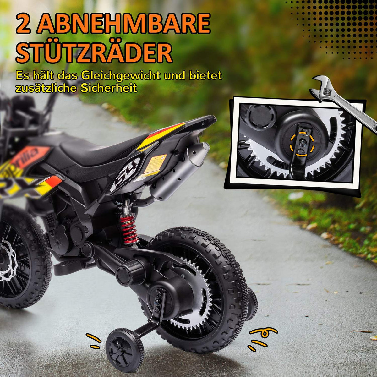 Children's electric motorcycle, 12V children's motorcycle with music, 6 km/h children's vehicle with removable training wheels, 12 inch plastic tires, for 3-8 years children, max. 30 kg, yellow