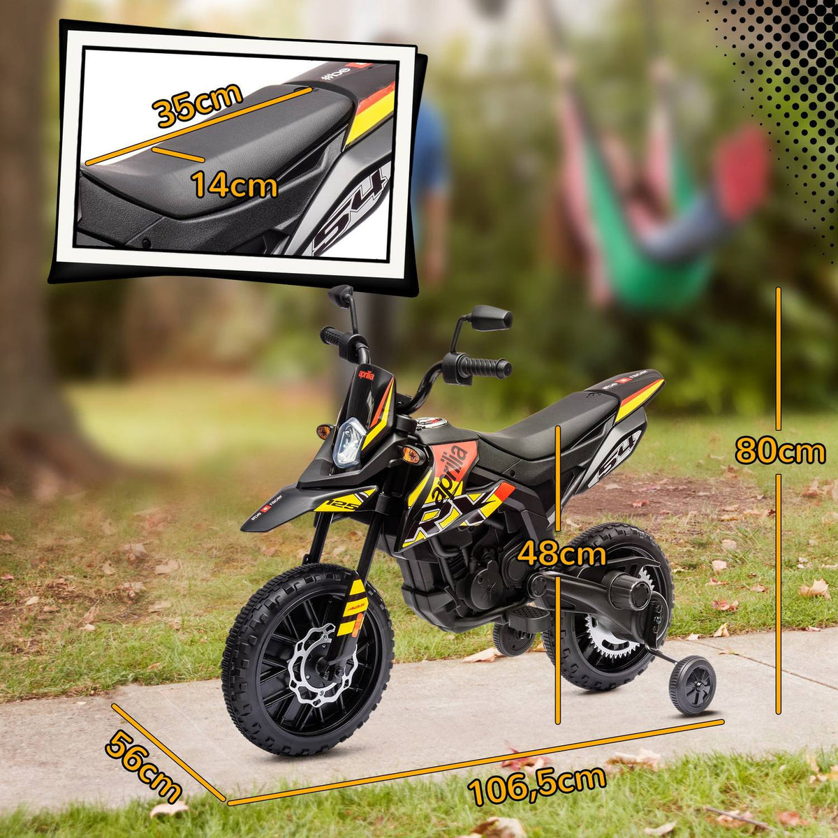 Children's electric motorcycle, 12V children's motorcycle with music, 6 km/h children's vehicle with removable training wheels, 12 inch plastic tires, for 3-8 years children, max. 30 kg, yellow