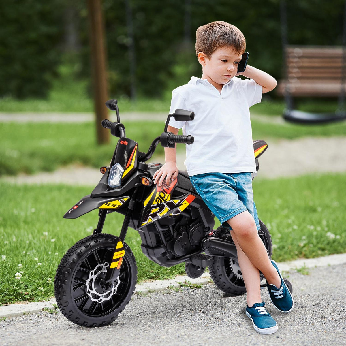 Children's electric motorcycle, 12V children's motorcycle with music, 6 km/h children's vehicle with removable training wheels, 12 inch plastic tires, for 3-8 years children, max. 30 kg, yellow