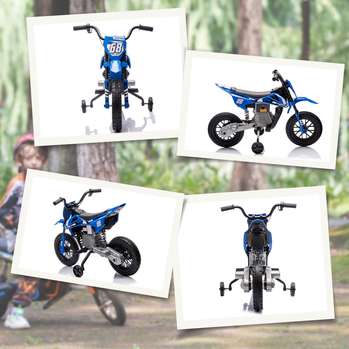Children's electric motorcycle, 12V children's motorcycle with music, children's vehicle with removable training wheels, 2.4-5 km/h, for 3-6 years children, max. 30 kg, blue