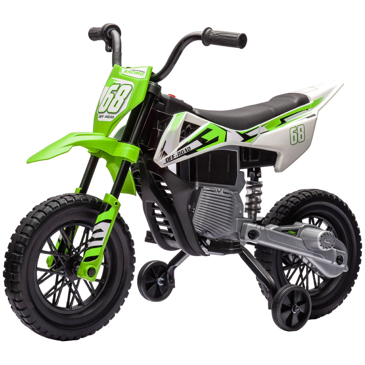 Children's electric motorcycle, 12V children's motorcycle with music, children's vehicle with removable training wheels, 2.4-5 km/h, for 3-6 years children, max. 30 kg, green