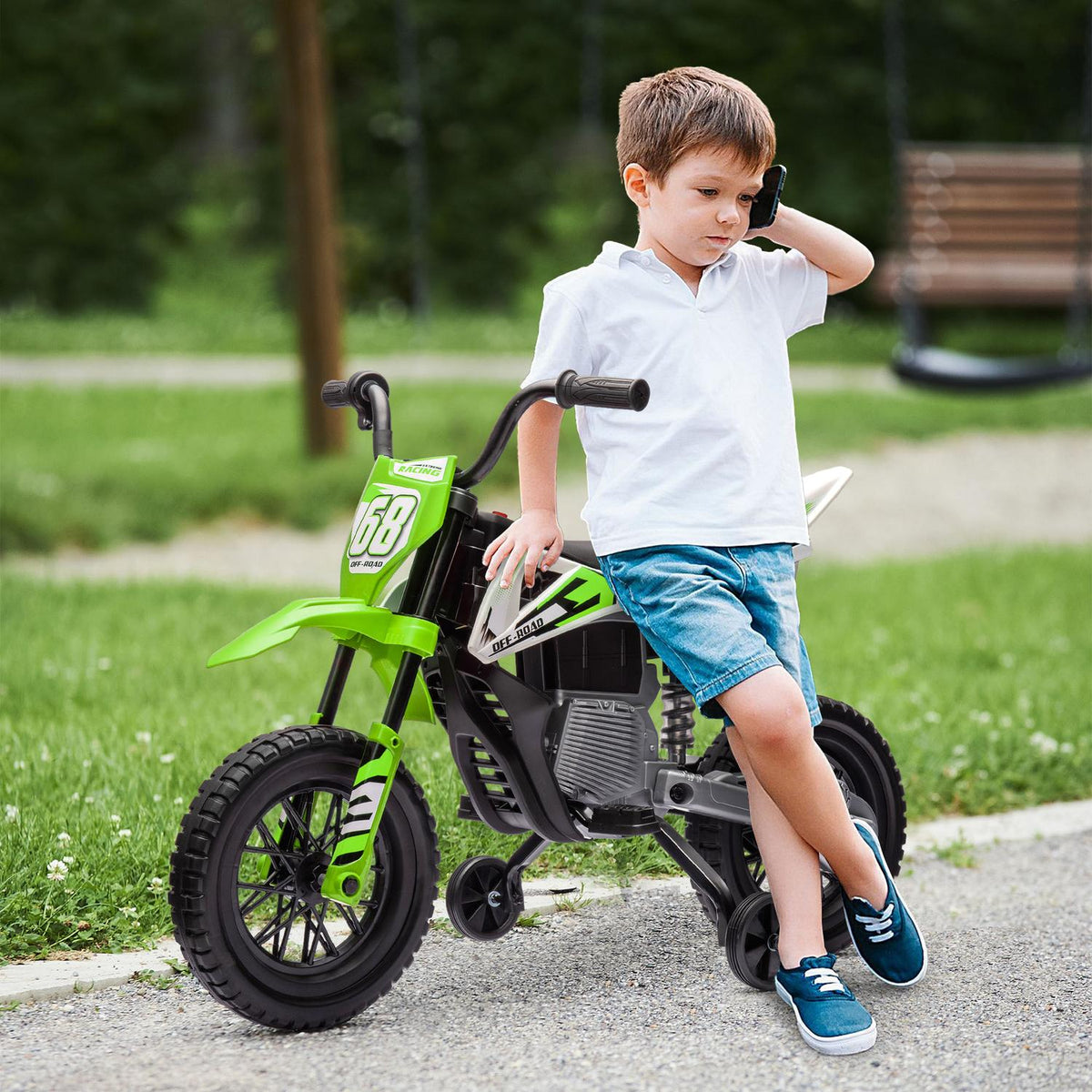 Children's electric motorcycle, 12V children's motorcycle with music, children's vehicle with removable training wheels, 2.4-5 km/h, for 3-6 years children, max. 30 kg, green
