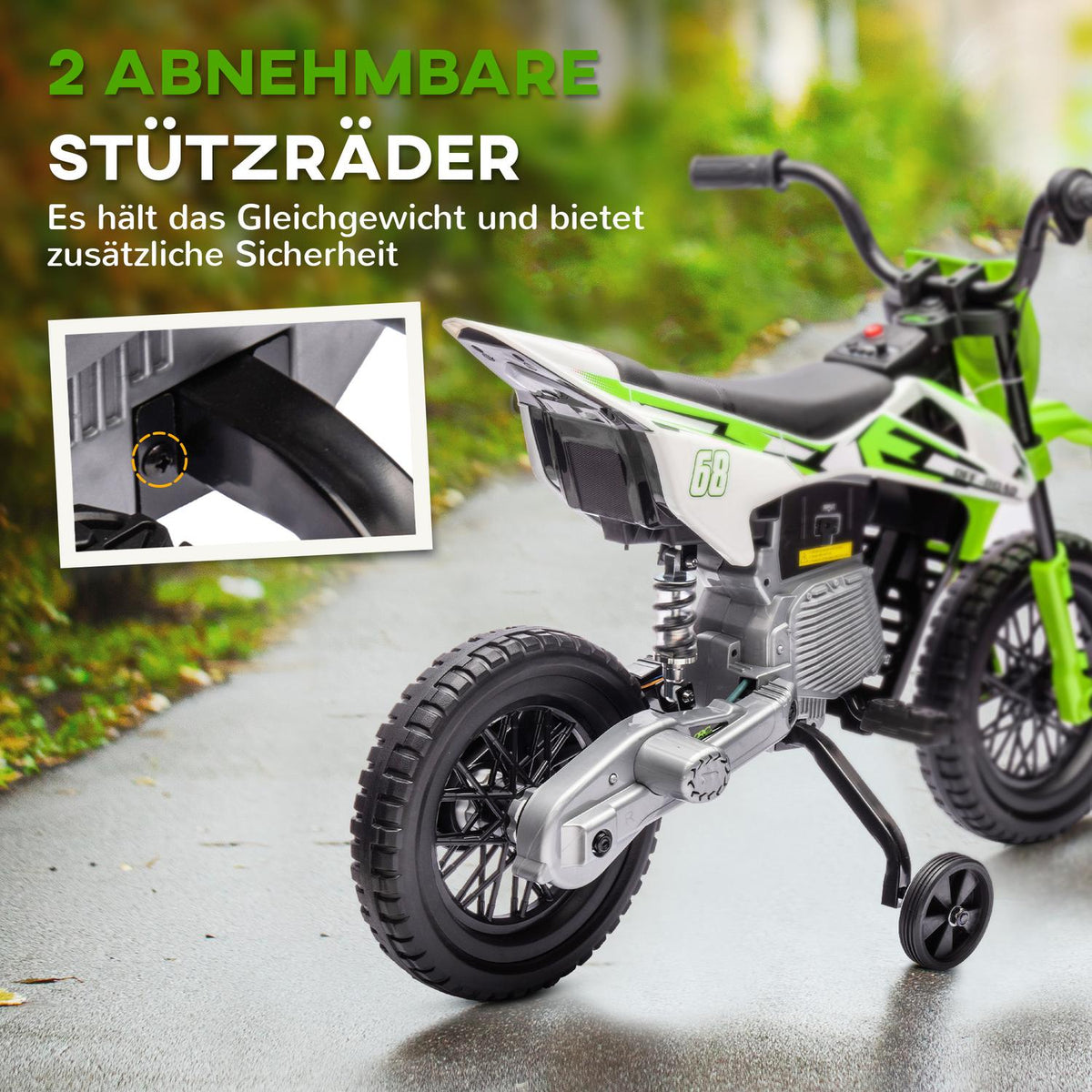 Children's electric motorcycle, 12V children's motorcycle with music, children's vehicle with removable training wheels, 2.4-5 km/h, for 3-6 years children, max. 30 kg, green