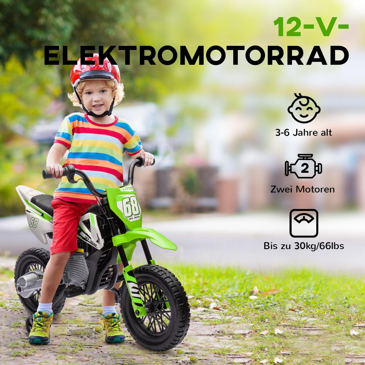 Children's electric motorcycle, 12V children's motorcycle with music, children's vehicle with removable training wheels, 2.4-5 km/h, for 3-6 years children, max. 30 kg, green
