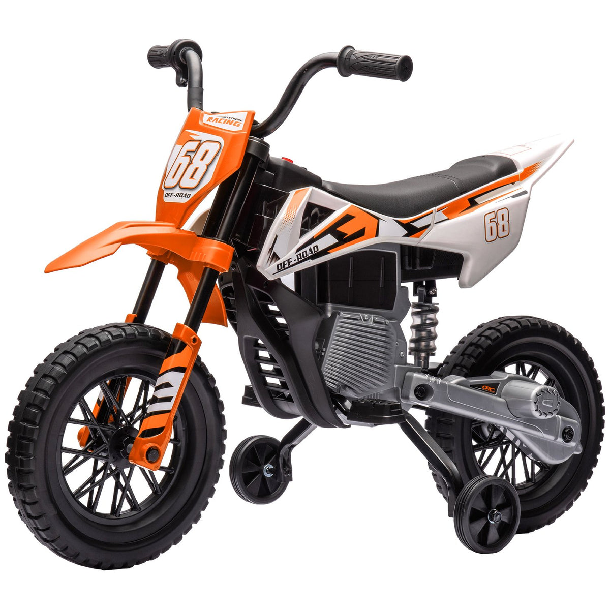 Children's electric motorcycle, 12V children's motorcycle with music, children's vehicle with removable training wheels, 2.4-5 km/h, for 3-6 years children, max. 30 kg, orange