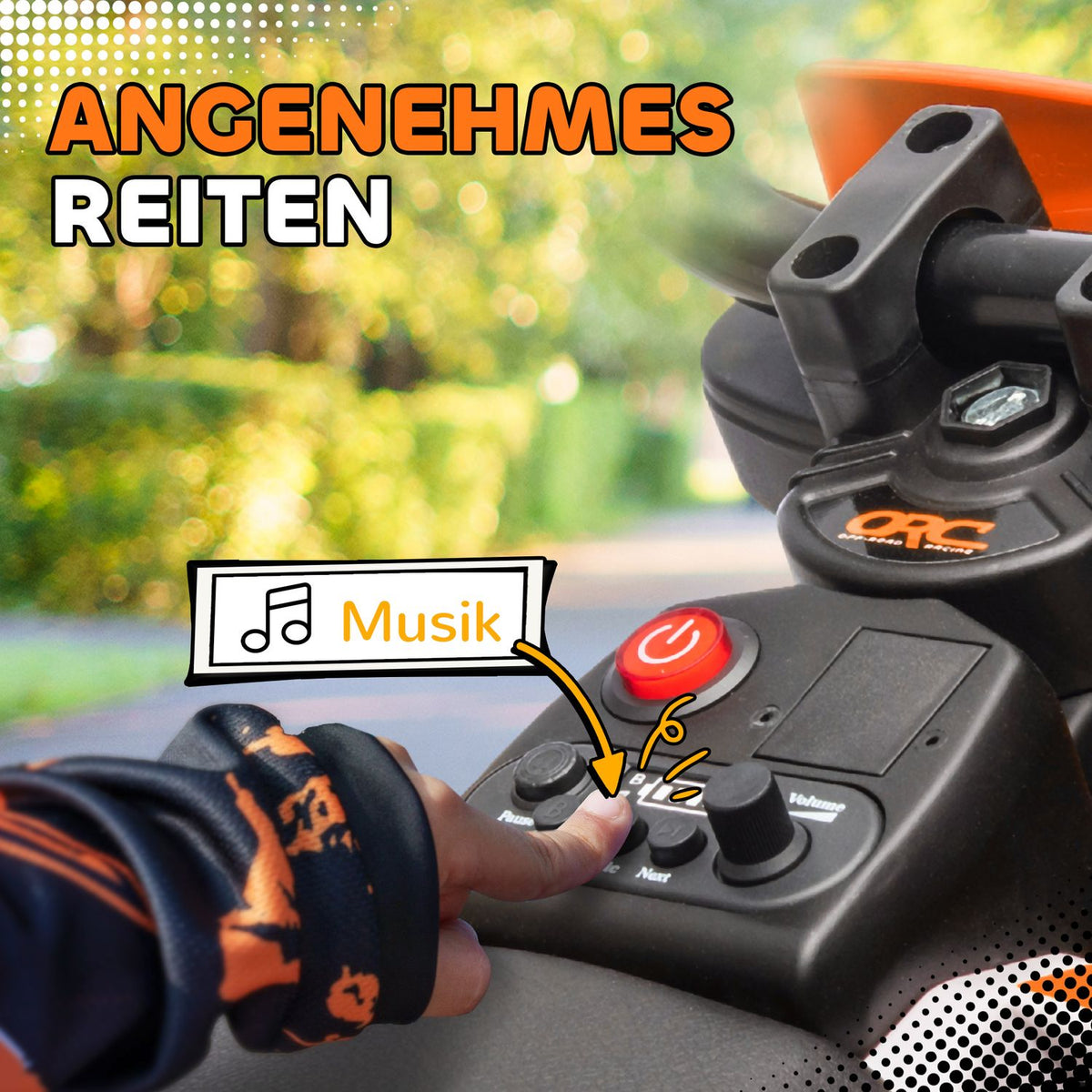Children's electric motorcycle, 12V children's motorcycle with music, children's vehicle with removable training wheels, 2.4-5 km/h, for 3-6 years children, max. 30 kg, orange