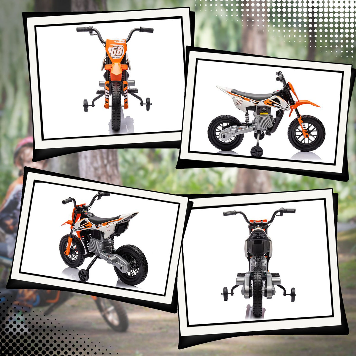 Children's electric motorcycle, 12V children's motorcycle with music, children's vehicle with removable training wheels, 2.4-5 km/h, for 3-6 years children, max. 30 kg, orange