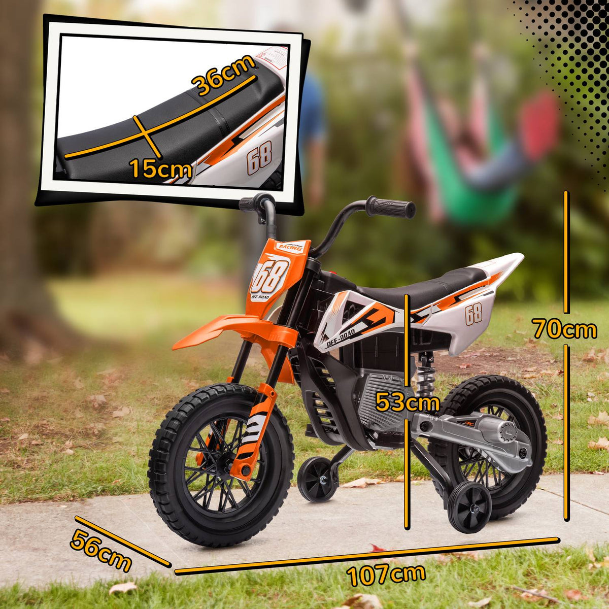 Children's electric motorcycle, 12V children's motorcycle with music, children's vehicle with removable training wheels, 2.4-5 km/h, for 3-6 years children, max. 30 kg, orange