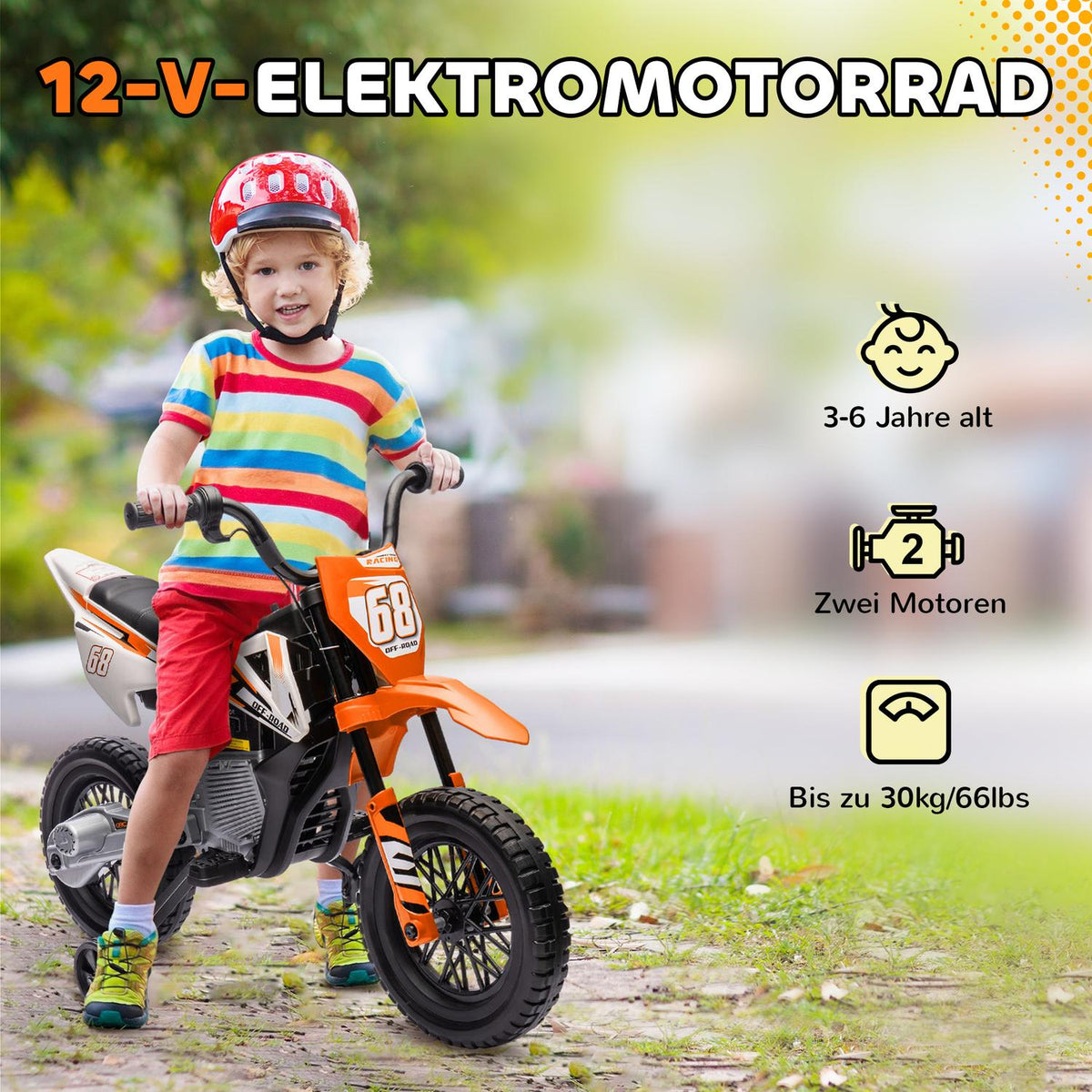 Children's electric motorcycle, 12V children's motorcycle with music, children's vehicle with removable training wheels, 2.4-5 km/h, for 3-6 years children, max. 30 kg, orange