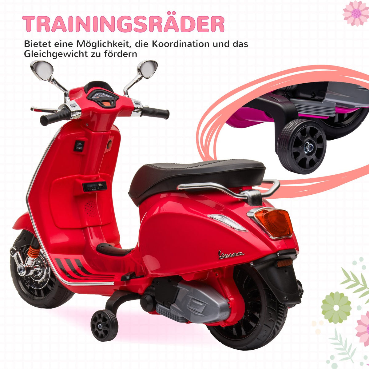 Children's electric motorcycle, 6V children's motorcycle with MP3, USB, FM radio, LED headlight, children's vehicle with training wheels, 3 km/h, for 3-6 years children, red