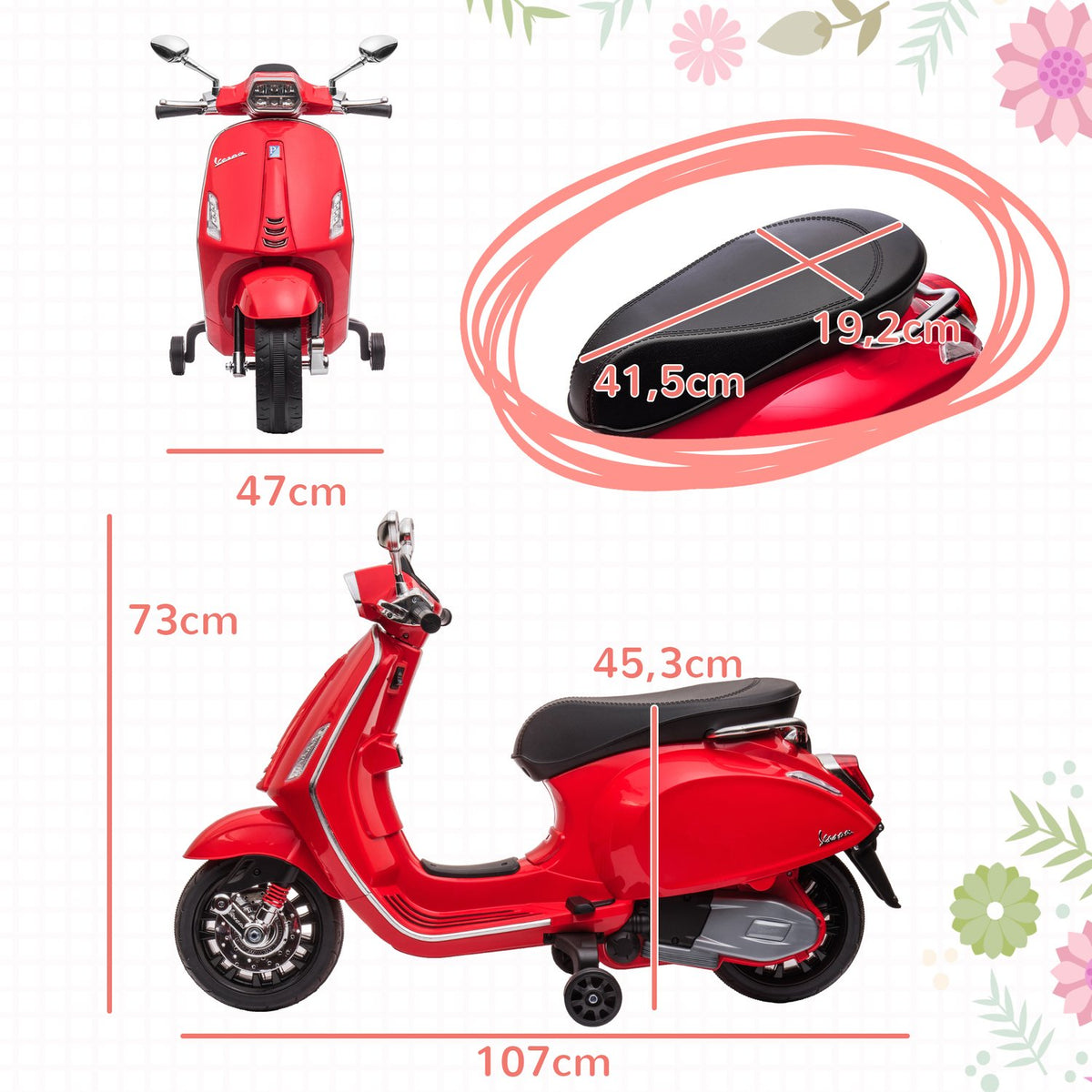 Children's electric motorcycle, 6V children's motorcycle with MP3, USB, FM radio, LED headlight, children's vehicle with training wheels, 3 km/h, for 3-6 years children, red